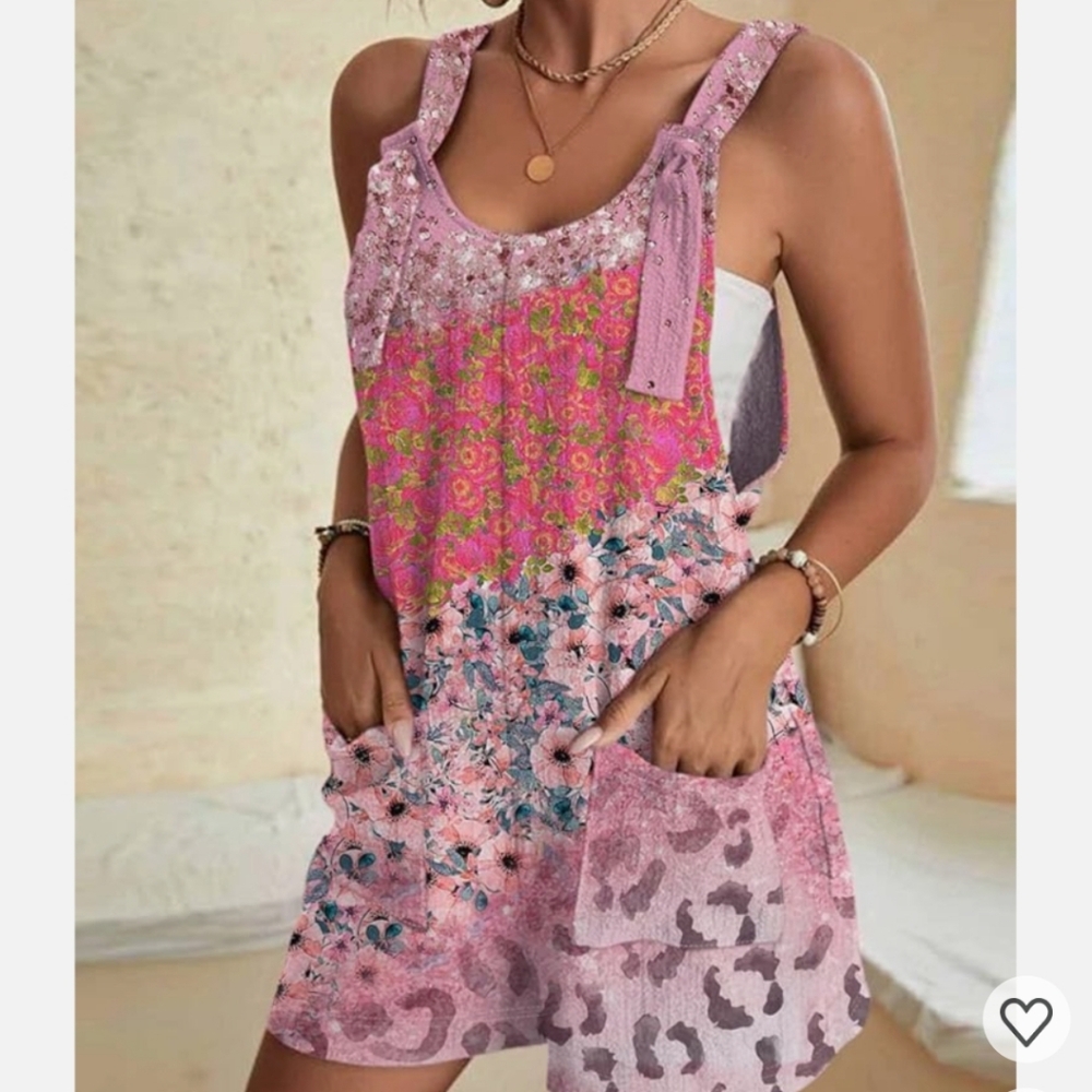 NIP Pink Romper with Floral and Leopard Print